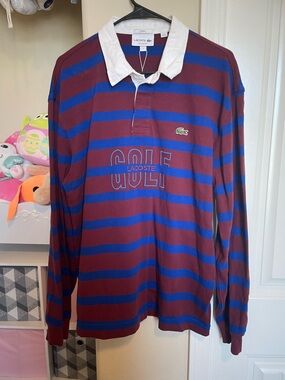 Lacoste Men's Maroon and Blue Striped Long Sleeve Rugby Shirt